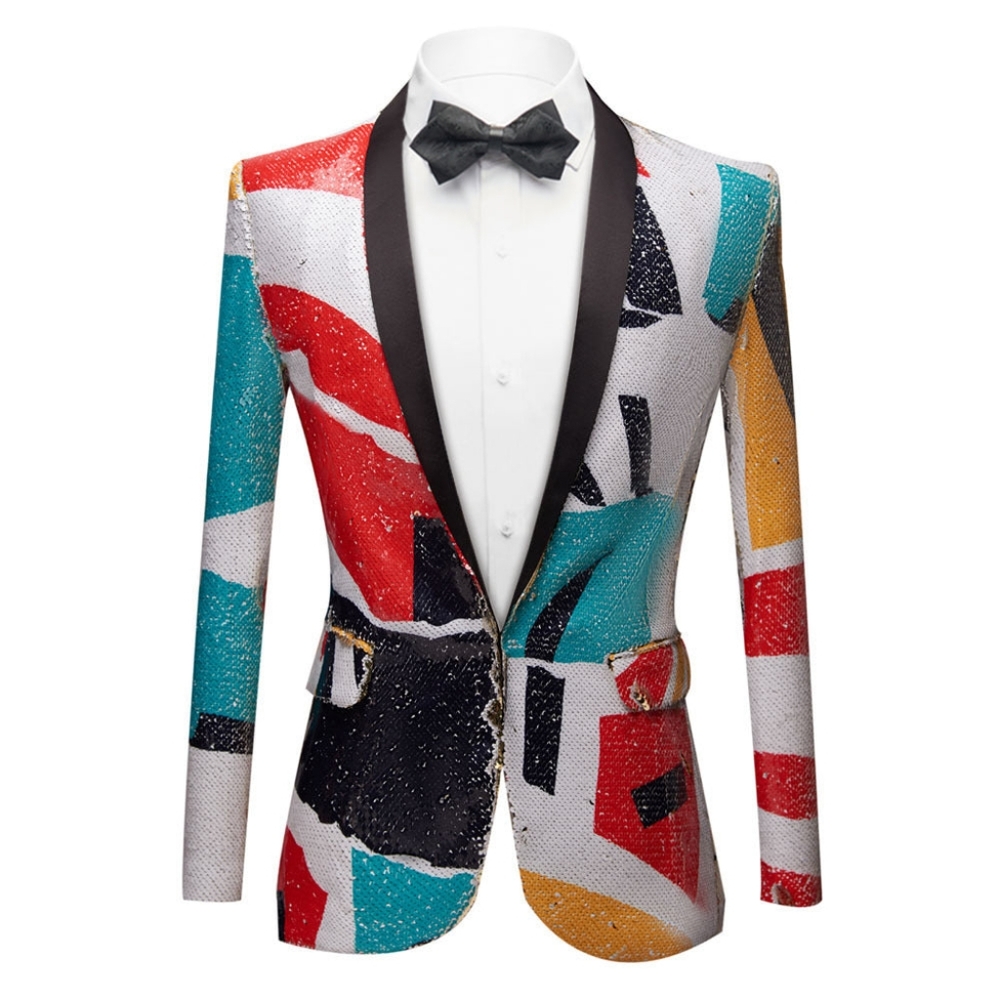 NWT Men's Bold Shawl Lapel Single-Breasted Sequined Jacket (Multicolor) - PYJTRL